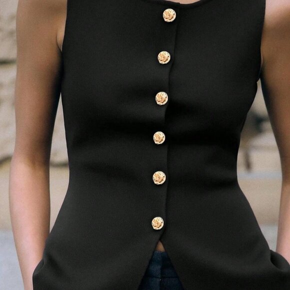 Black Casual Women's Metal Button Open Front Sleeveless Jacket - Picture 3 of 9